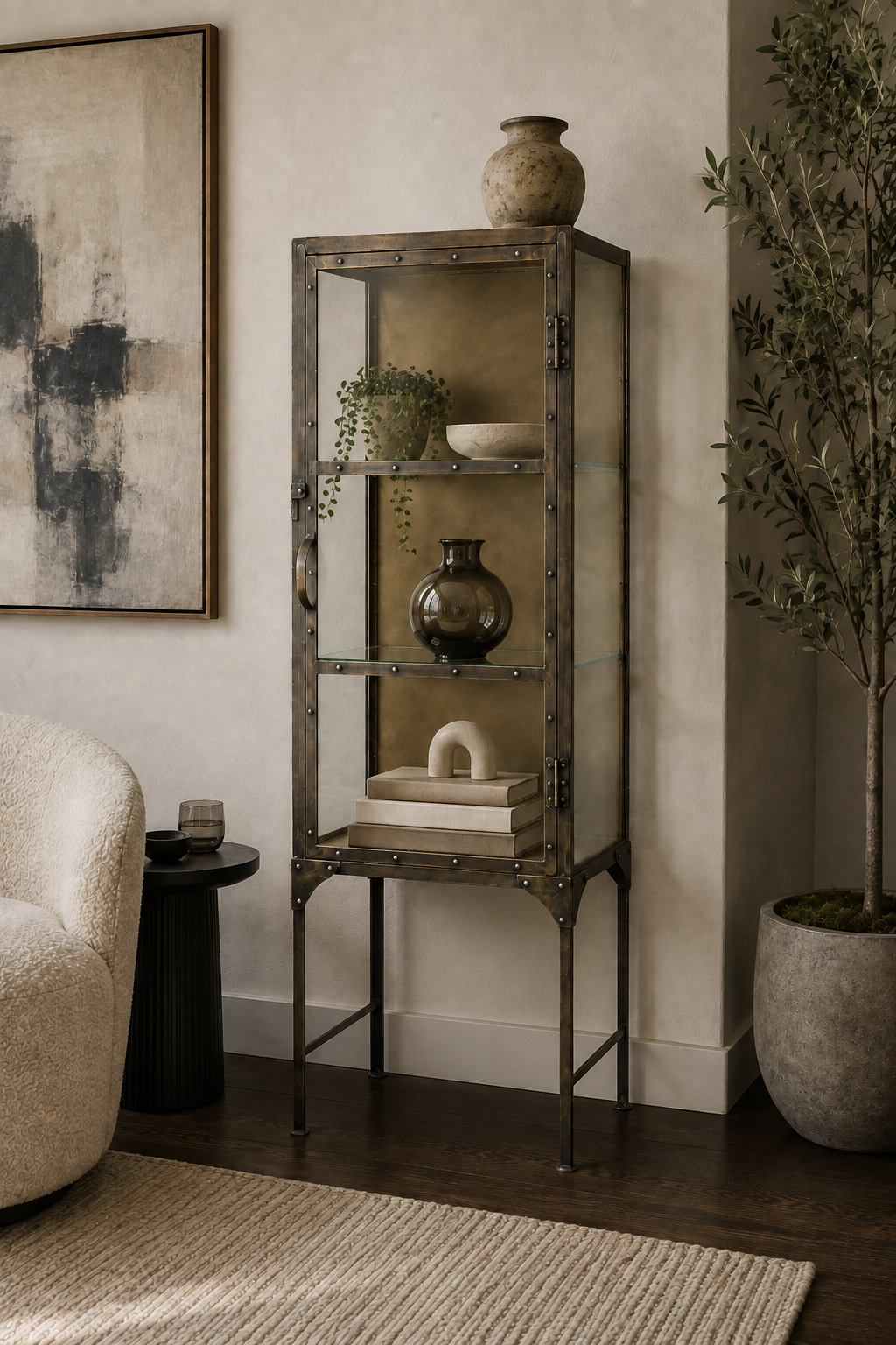 Industrial Metal and Glass Curio Cabinet