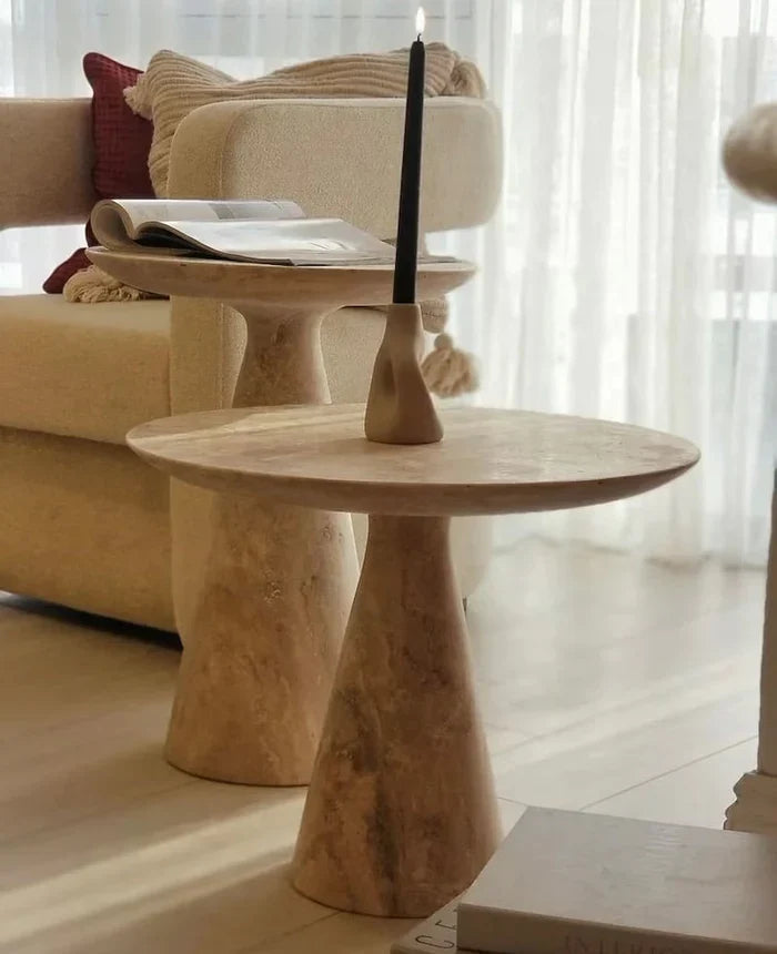 Light Travertine Round Side Table - Honed Finish Conic Legs 18x22